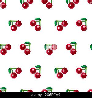 Pixel Art Cherry Seamless Pattern Stock Vector
