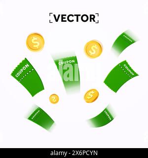 3d coupon flying up with motion blur and golden coins, isolated on white background. Voucher with coupon code giveaway banner template. 3d Vector illustration. Vector illustration Stock Vector
