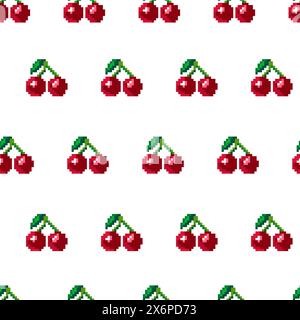 Pixel Art Cherry Seamless Pattern Stock Vector