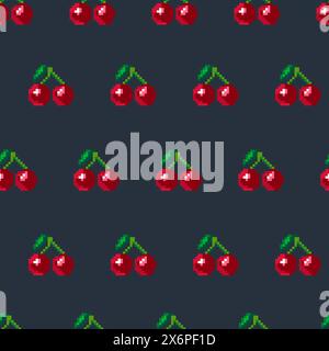 Pixel Art Cherry Seamless Pattern Stock Vector