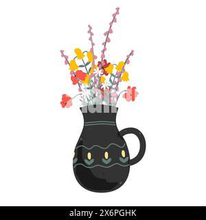 Meadow spring wild flowers in vintage black ceramic jug isolated on white background. Vector floral illustration. Stock Vector