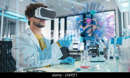 Futuristic Medical Research Laboratory: Research Scientist Wearing Virtual Reality Headset, Does Augmented Reality Research of Bacteria Genome, Using Gestures. AI Biotechnology Research in Progress Stock Photo