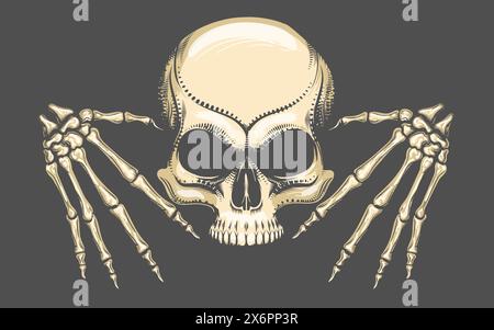 Human Skull with Skeleton Hands Tattoo in Engraving Style. Vector illustration. No AI software was used. Stock Vector