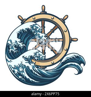 Steering Wheel and Sea Wave Colored Emblem Isolated on White. Vector illustration. No AI software was used. Stock Vector