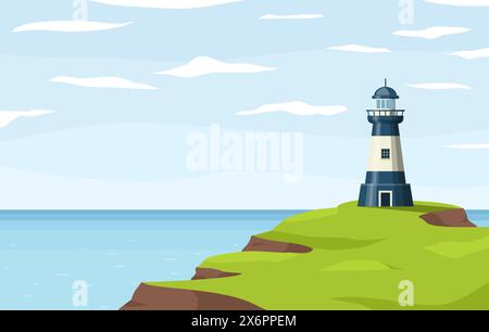 Lighthouse nautical tower on seashore. Sea coast or ocean beach rocks and lighthouse building. Coastline landscape with beacon. Hope symbol, expectati Stock Vector
