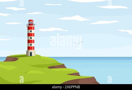 Lighthouse nautical tower on seashore. Sea coast or ocean beach rocks and lighthouse building. Coastline landscape with beacon. Hope symbol, expectati Stock Vector