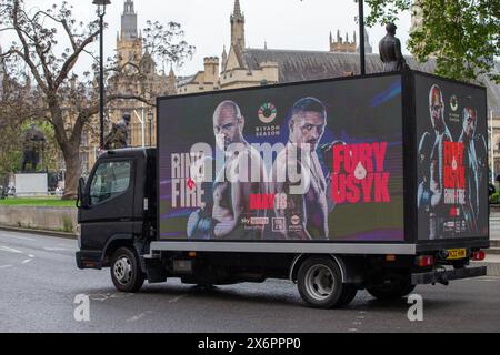 London, UK. 16th May, 2024. fight display a series of messages on digital billboard vans Tyson Fury and Oleksandr Usvk go head-to-head this weekend in what is the biggest heavyweight fight in more than two decades Credit: Richard Lincoln/Alamy Live News Stock Photo