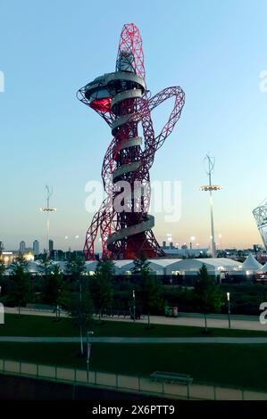 Sunset view of the Orbit, sculpture and observation tower, during the 2012 London Paralympic Games, Queen Elizabeth II Olympic Park, Stratford. Stock Photo