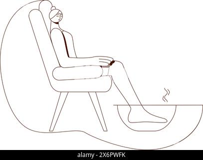 Foot baths with essential oils. Aromatherapy for legs. SPA design concept. Contour drawing. Isolated vector illustration. Stock Vector