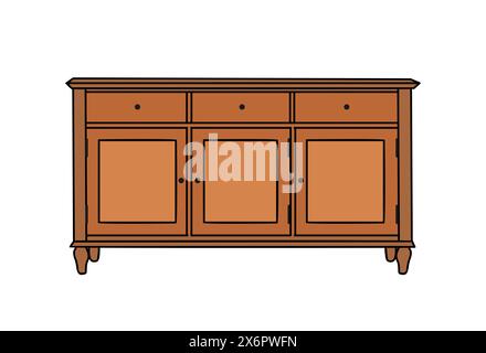 A brown wooden cabinet with three drawers. Empty cupboard with simple design. Retro style furniture for living room, dining, kitchen. Interior design Stock Vector