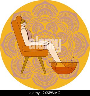 Foot baths with essential oils. Aromatherapy for legs. SPA design concept. Isolated flat vector illustration in circle shape. Stock Vector