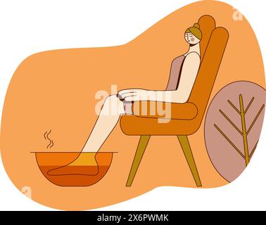 Foot baths with essential oils. Aromatherapy for legs. SPA design concept. Isolated flat vector illustration. Stock Vector