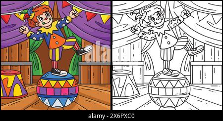 Circus Clown On Ball Coloring Colored Illustration Stock Vector