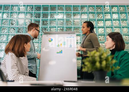 Low-angle view of two skilled multiethnic business speakers give chart presentation at conference meeting in office. Diverse male and female Stock Photo