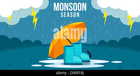monsoon season landscape with umbrella and boots illustration Stock Vector