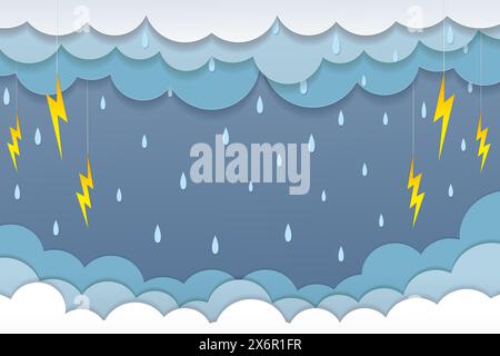 paper cut style illustration clouds with thunderbolts when it rains Stock Vector