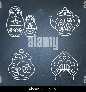 Russian folk crafts icon set on chalkboard. Matryoshka doll, Gzhel teapot, Khokhloma style pot, kokoshnik symbol. Vector illustration. Stock Vector