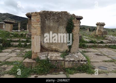 Inscription on a stone sacrificial altar at Djemila in Algeria Stock Photo