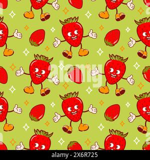 Hello summer. Cool strawberry, a cute retro cartoon character. Groovy, vintage. Trendy old style. Seamless pattern for wallpaper, fabric, wrapping, ba Stock Vector