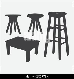 Captivating Wooden Bar Stool Silhouettes, Timeless Elegance and Modern Design Stock Vector