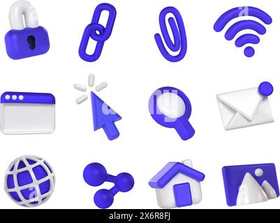 Internet 3d icons. Security padlock, web chain link, browser window, cursor click, search magnifying glass, email envelope, wireframe globe, share Stock Vector