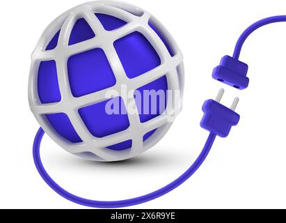 Internet connection disconnect. Global connectivity concept with 3D globe wireframe icon and unplugged power plug vector illustration Stock Vector