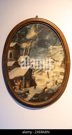Close-up on vintage italian painting on the wall showing a nativity scene in the winter Stock Photo