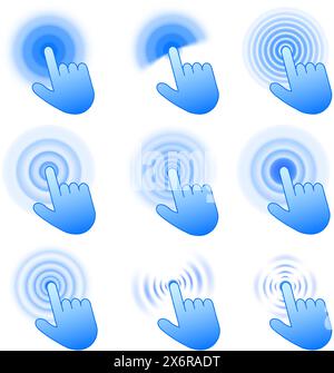 Click icons. Interactive touch gesture, hand pointer clicking, pressing and tapping with ripple effect. Digital touchscreen touch action vector set Stock Vector