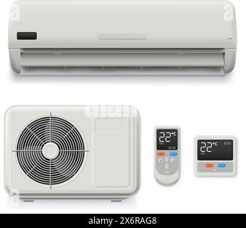 Realistic split system air conditioner. Home cooling equipment, external unit, thermostat and remote control isolated vector illustration set Stock Vector