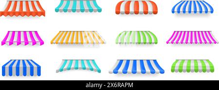 Colorful shop canopy. Striped sunshades for storefronts, market stalls and cafes, 3D awning vector set Stock Vector