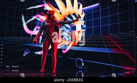 Digital Artist Using Virtual Reality 3D Software to Create a Beautiful Piece of Art in Interactive Creative Environment. Female Designer Using Virtual Reality Headset and Controllers for NFT Project. Stock Photo