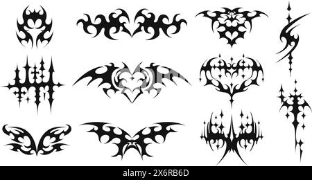 Cyber sigilism shapes. Neo tribal tattoo sharp spikes, y2k butterfly and symmetrical demonic heart for streetwear designs vector set Stock Vector