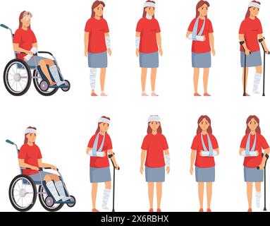 Woman with injury. Female character with wheelchair, head bandage, arm sling, crutches and leg brace. Injury management cartoon vector illustration Stock Vector