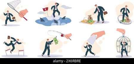 Catch businessman. Business challenges and financial pursuit, money bait trap and economic struggles isolated cartoon vector illustration set Stock Vector