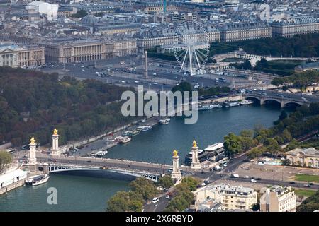 Cityscape of Paris with the Pont Alexandre III, the Obelisk of Luxor on Place de la Concorde and the Tuileries Garden,. Stock Photo