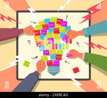 Team brainstorming. Hands with sticky notes, teamwork ideas board and collaboration concept vector illustration Stock Vector