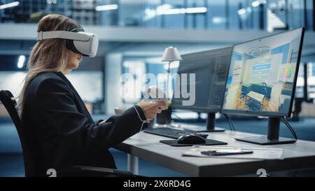 Interior Designer Using a Virtual Reality 3D Software to Work on Home Design and Furniture in Interactive Environment in Agency Office. Female Designer Using Headset and Controllers. Stock Photo