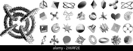 Dither bitmap 3D shapes. Retro futuristic digital objects with pixel dithering texture, abstract geometric figures and Y2k organic shapes vector set Stock Vector