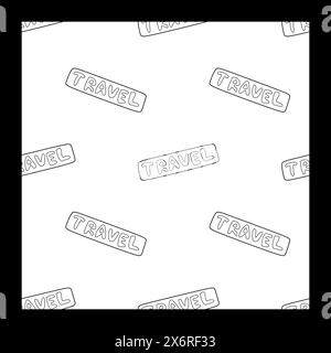Vector Word Travel Seamless pattern. Template with Lettering. Black And White Loop Backdrop for Coloring Book, T-shirt, clothing, Covering and Wrappin Stock Vector