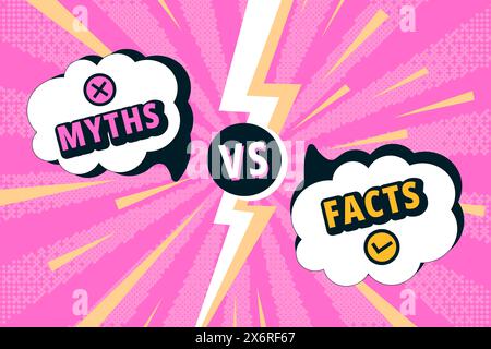 Facts versus myths battle. Myth speech bubble and fact frame with vs lightning divider, comic style vector banner Stock Vector