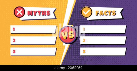 Facts vs myths template. Comparison list of 3 myths and facts with versus symbol and lightning divider. Comic style battle vector background Stock Vector