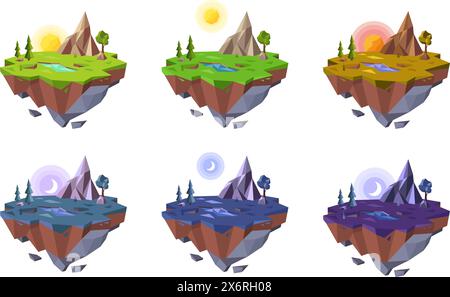 Low poly daytime landscape. Morning, day, evening and night progression floating island environments vector illustration set Stock Vector