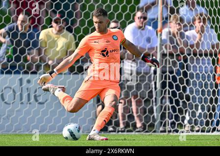 goalkeeper Jari De Busser (20) of Lommel pictured during a soccer game between KMSK Deinze and SK Lommel in the promotion play offs  finals - second leg in the Challenger Pro League 2023-2024 season , on  Monday 12 May 2024  in Deinze , Belgium . PHOTO SPORTPIX | David Catry Stock Photo