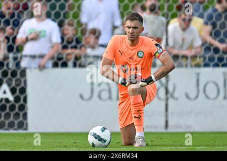 goalkeeper Jari De Busser (20) of Lommel pictured during a soccer game between KMSK Deinze and SK Lommel in the promotion play offs  finals - second leg in the Challenger Pro League 2023-2024 season , on  Monday 12 May 2024  in Deinze , Belgium . PHOTO SPORTPIX | David Catry Stock Photo