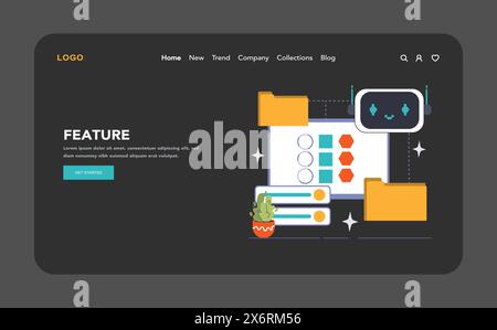 Feature categorization concept. An adorable bot analyzes data for machine learning, sorting it into categories. Flat vector illustration Stock Vector