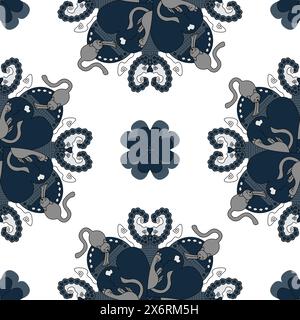 Seamless Pattern. Cat Mandala. Cat stretching and Cat sleeping. Blue and Gray. Stock Vector