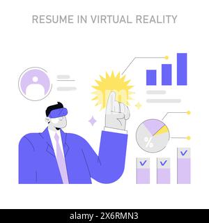 Virtual Reality Resume concept. A figure engages with interactive CV graphics in a digital space, suggesting innovative job application methods. Vector illustration. Stock Vector