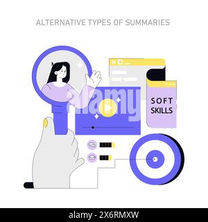 Alternative Summaries Concept. Visual representation of diverse summary formats highlighting soft skills and multimedia elements. Vector illustration. Stock Vector