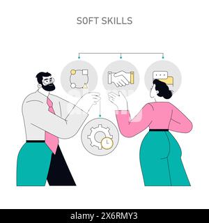 Soft Skills concept. Professionals interacting with icons symbolizing teamwork, communication, and time management. Business collaboration visual. Vector illustration. Stock Vector