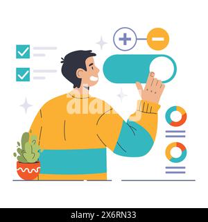 Activation Function concept. Enthusiastic man interacts with neural operations, selecting modes. Machine learning, neuron adjust. Flat vector illustration Stock Vector